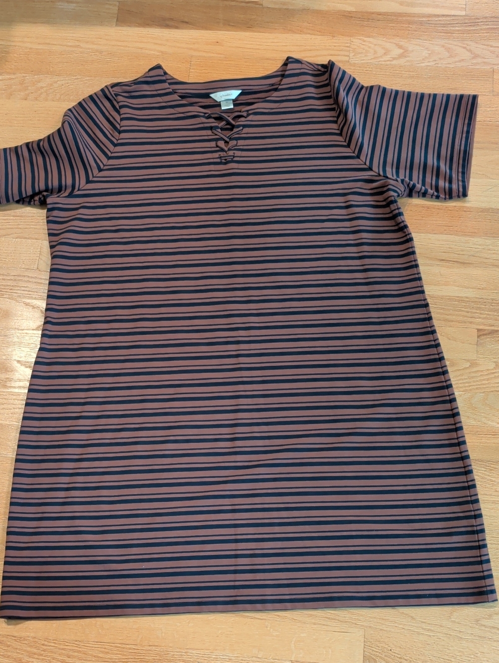 CJ Banks Brown and Blue Striped Lace-Up Tee Dress